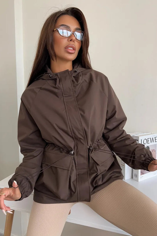 Wasserdichte, locker sitzende Outdoor-Wanderjacke mit Kapuze und Kordelzug