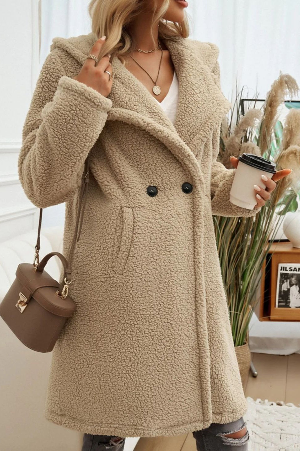 Mid Length Fuzzy Lapel Coat coats