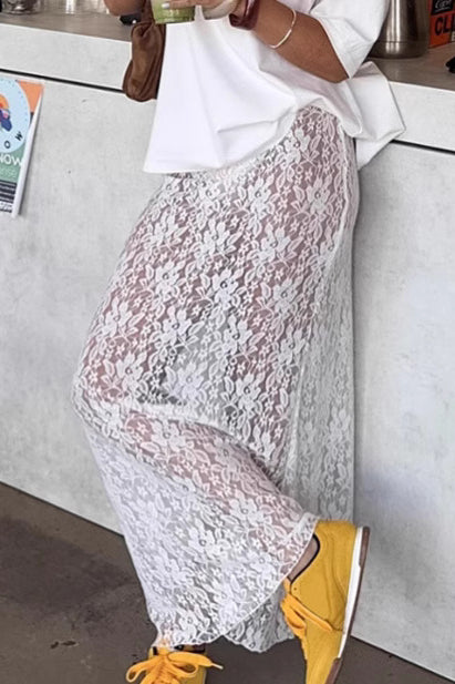 Eleganter weißer Midirock aus Spitze mit hoher Taille in A-Linie