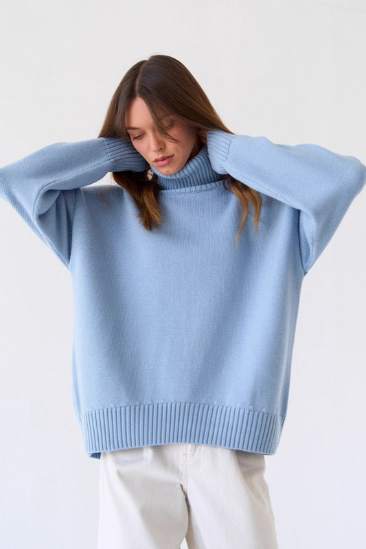 Solid Color High-Neck Loose Knit Sweater Blue / S