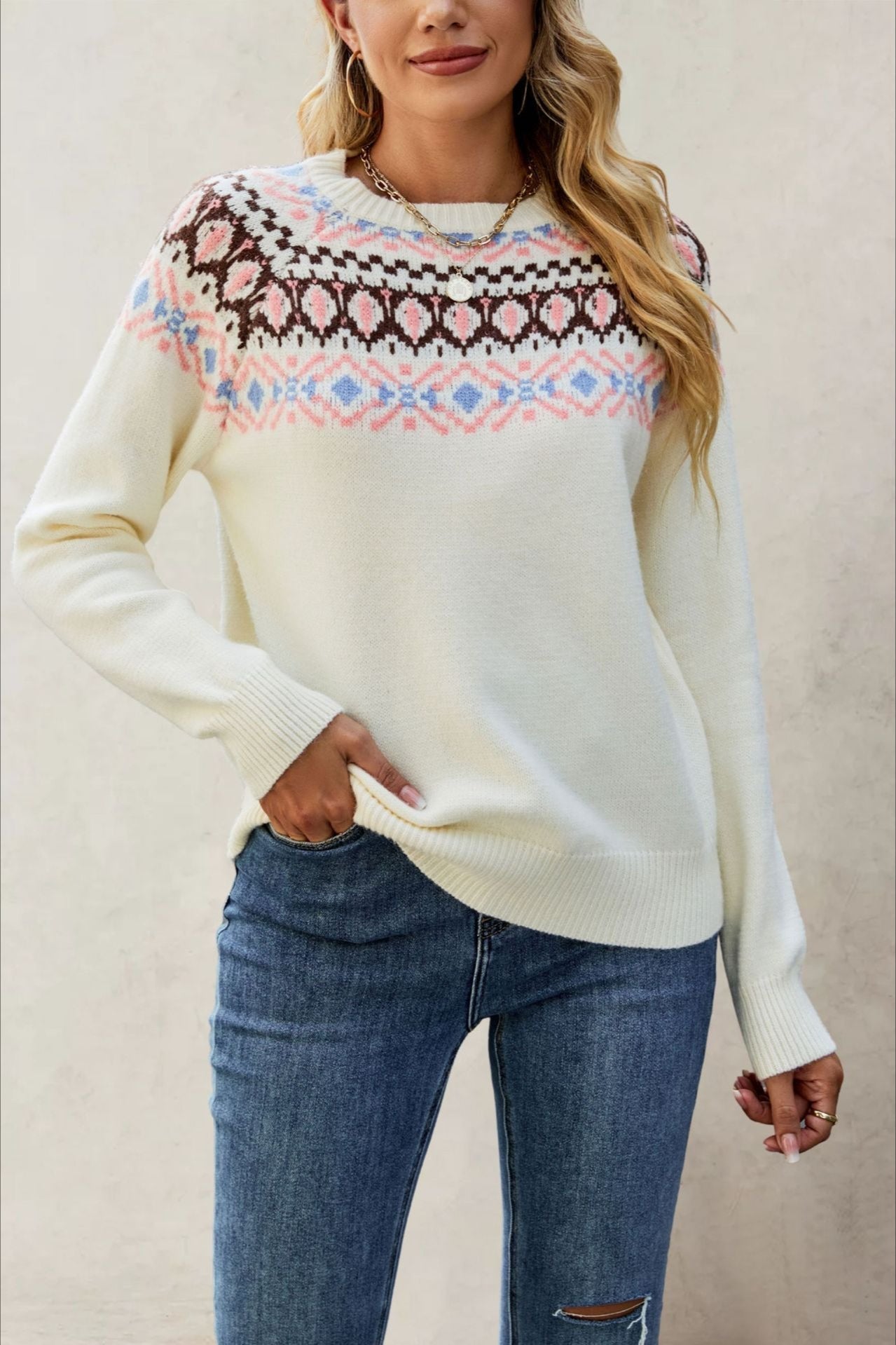 Jacquard Crew Neck Knit Pullover Sweater