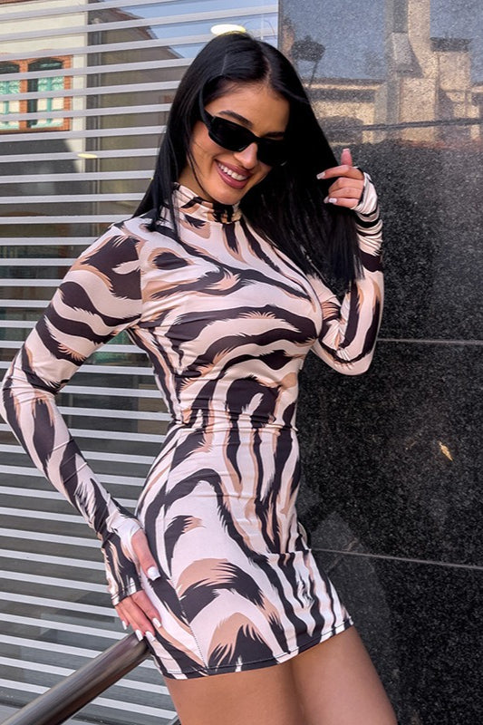 Figurbetontes Minikleid mit langen Ärmeln und Zebra-Print