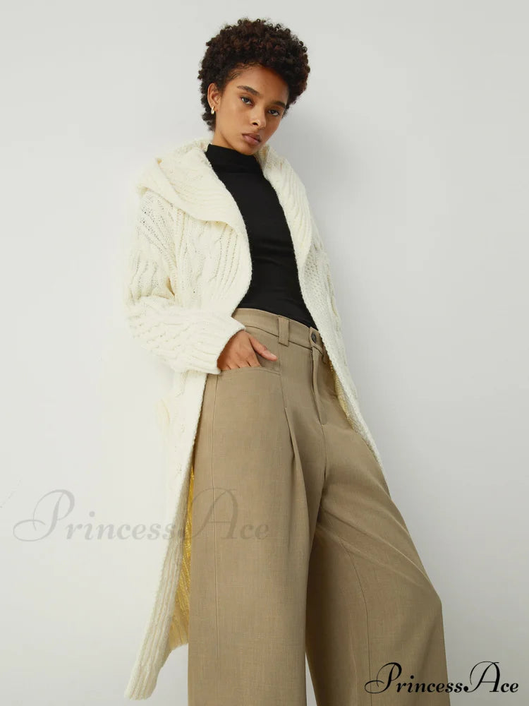 Cable Knit Graceful Hooded Longline Cardigan Sweaters-L
