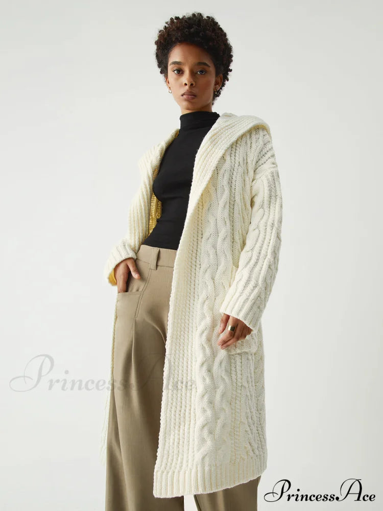 Cable Knit Graceful Hooded Longline Cardigan Sweaters-L