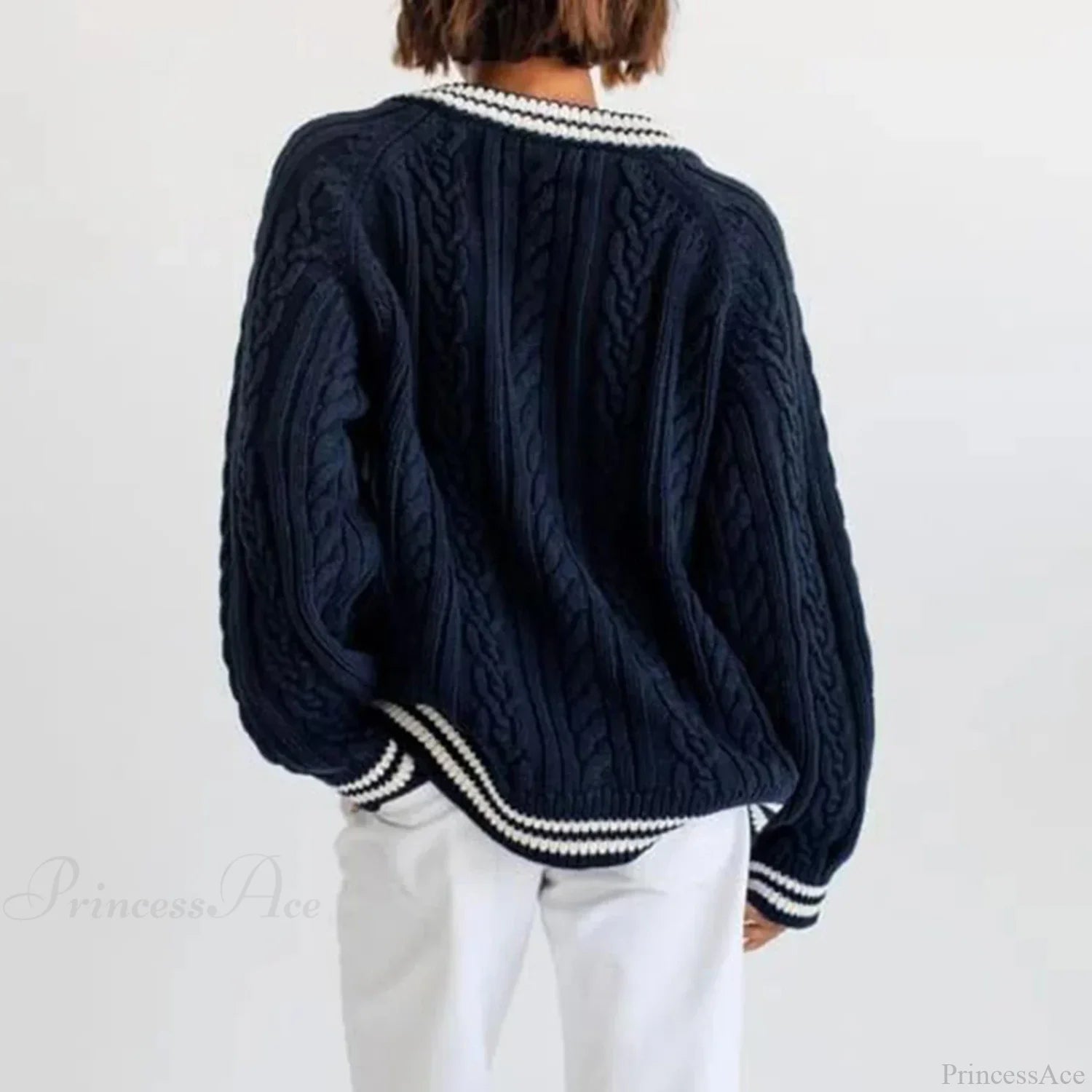 Cable Knit Loose Contrast Trim Streetwear Sweater