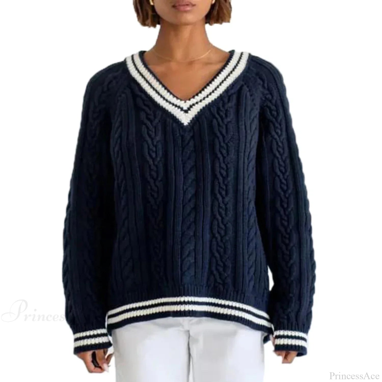 Cable Knit Loose Contrast Trim Streetwear Sweater Navy Blue / S