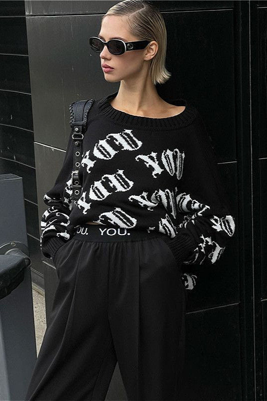 Letter Color Block Long Sleeve Knit Sweater Black / S