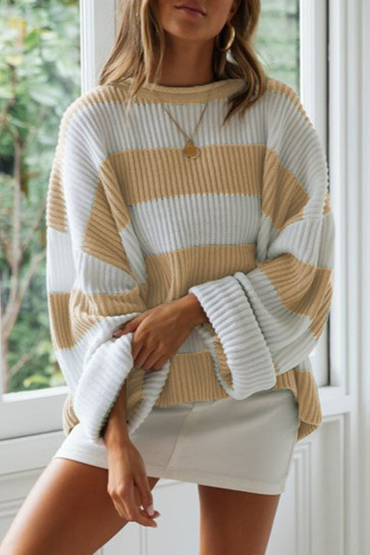 Striped Color-Block Rolled-Neck Sweater Khaki / S