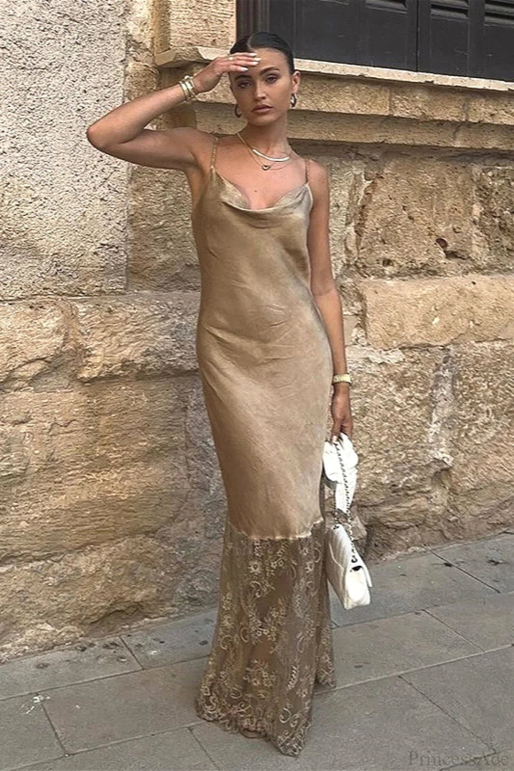 Cami Lace Backless Fitted Maxi Dress Khaki / S