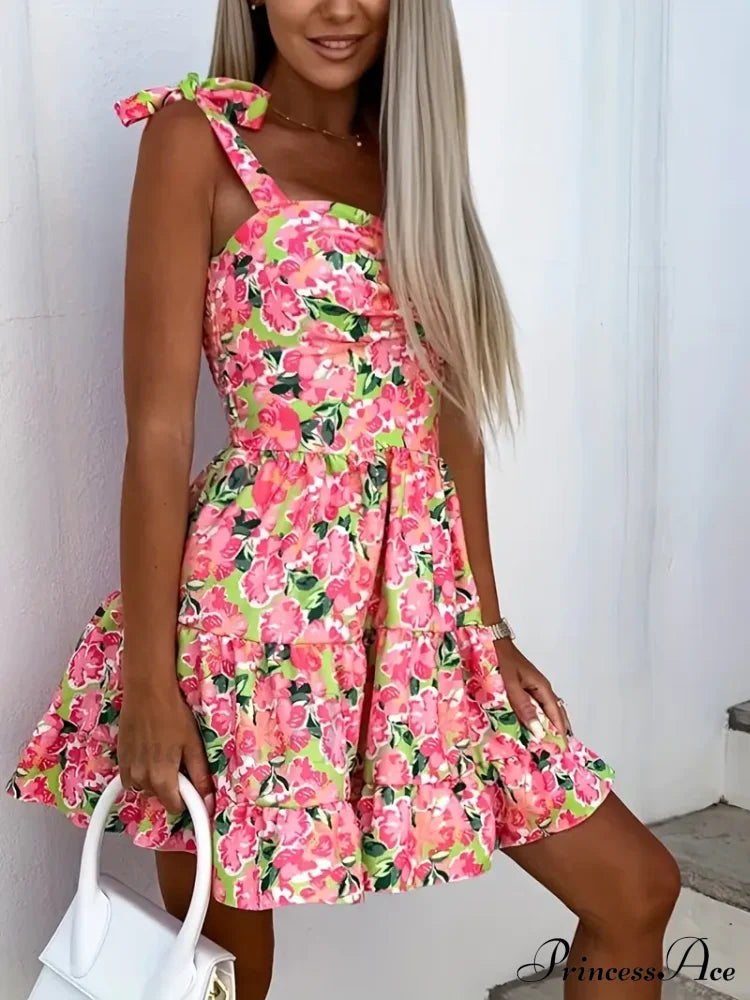 Cami Ruffle Spaghetti Design Gown Flowered With Hem Straps Xl / Rose Floral Mini A Line Dress