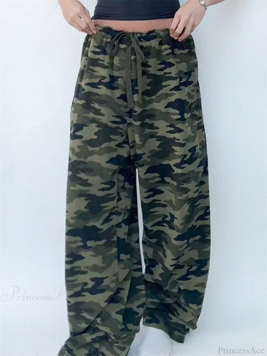 Camouflage Print Elastic Low Waist Wide Leg Pant pant-250223