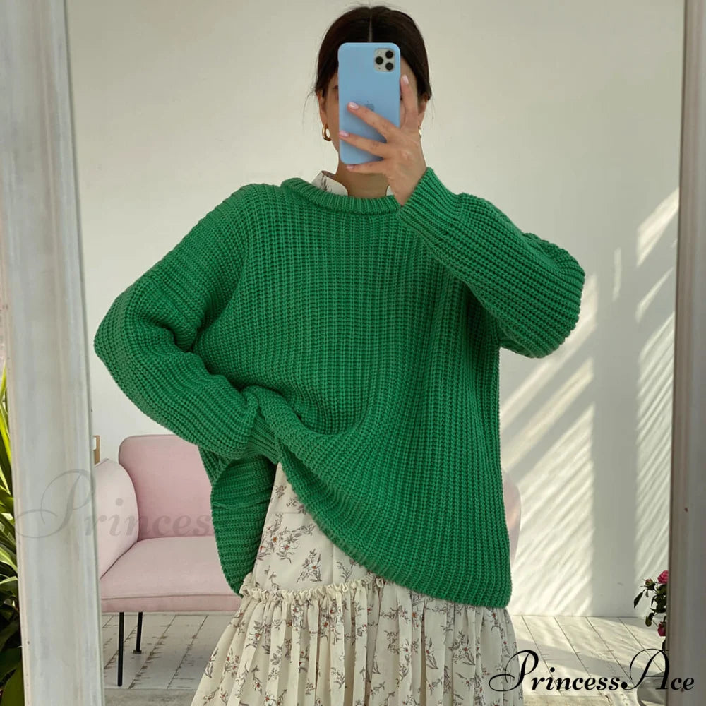 Candy Color Crewneck Trendy Pullover Sweater - Beige M / Green Sweaters