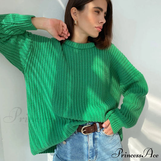 Candy Color Crewneck Trendy Pullover Sweater - Beige S / Green Sweaters