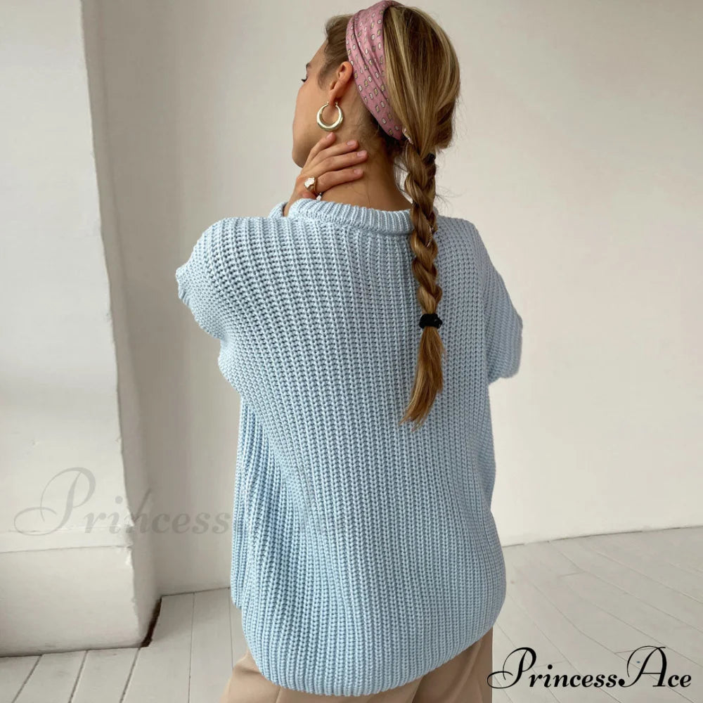 Candy Color Crewneck Trendy Pullover Sweater - Green M / Light Blue Sweaters