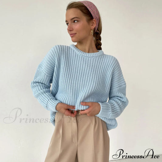 Candy Color Crewneck Trendy Pullover Sweater - Green S / Light Blue Sweaters