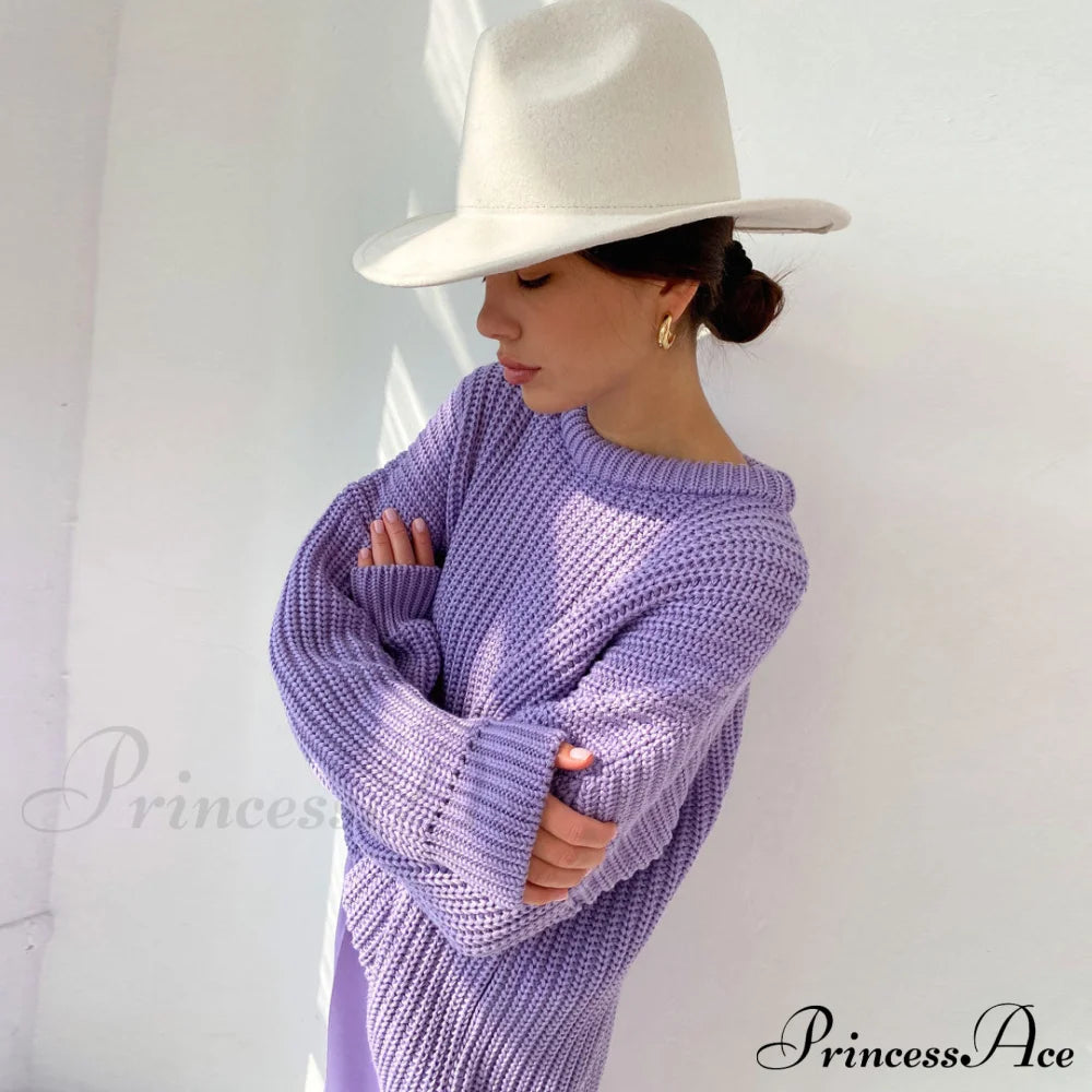 Candy Color Crewneck Trendy Pullover Sweater - Orange M / Purple Sweaters