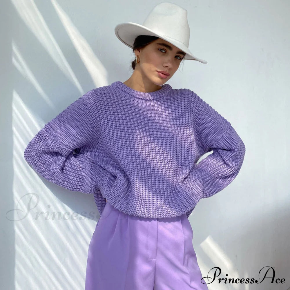 Candy Color Crewneck Trendy Pullover Sweater - Orange S / Purple Sweaters