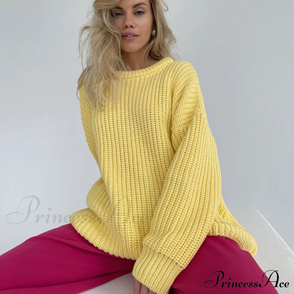 Candy Color Crewneck Trendy Pullover Sweater - Rose M / Yellow Sweaters