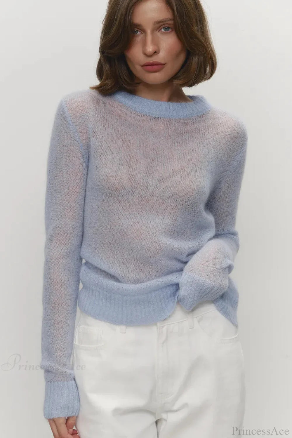Candy Color Sheer Crew Neck Knit Sweater