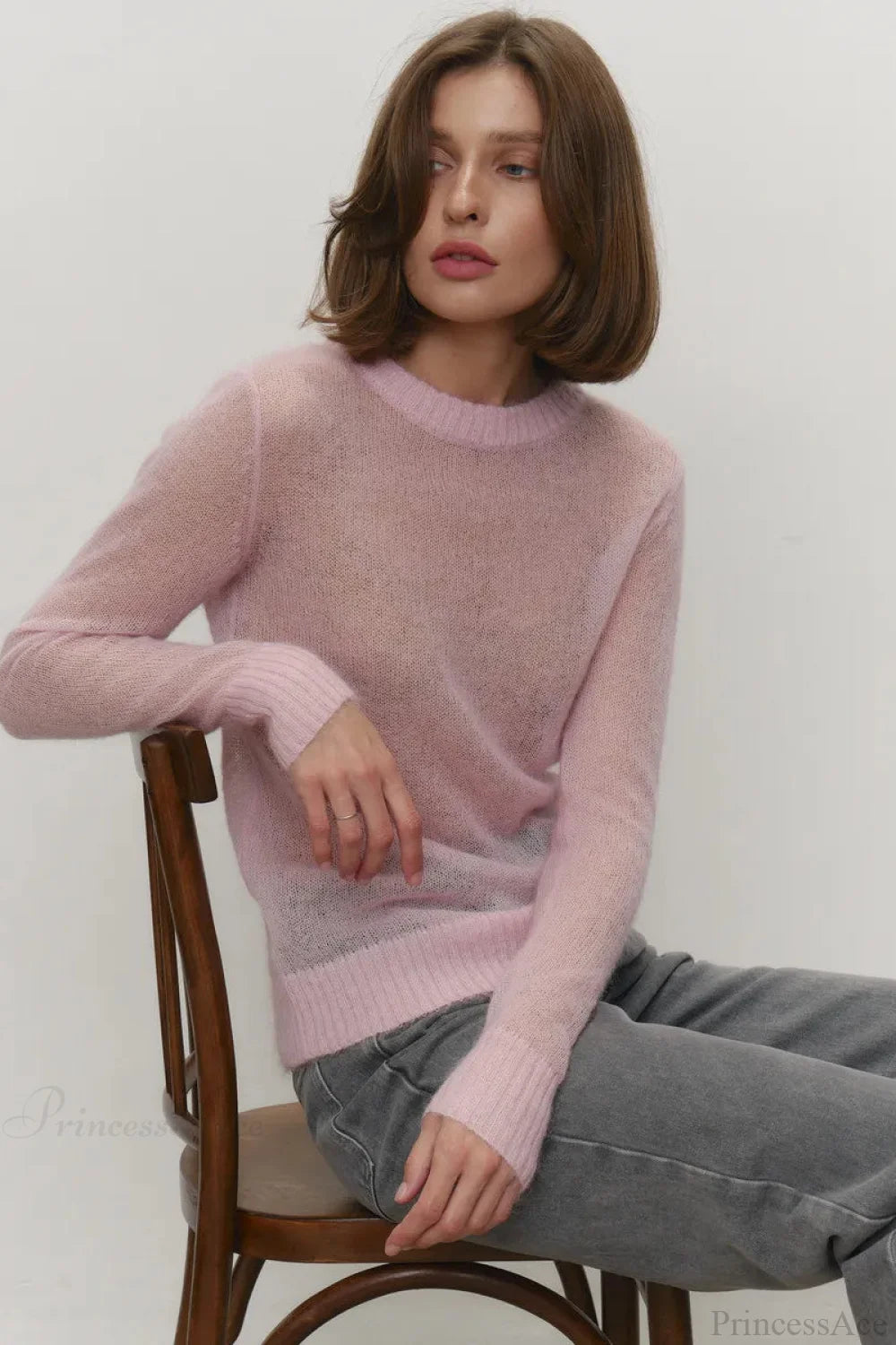 Candy Color Sheer Crew Neck Knit Sweater Pink / S