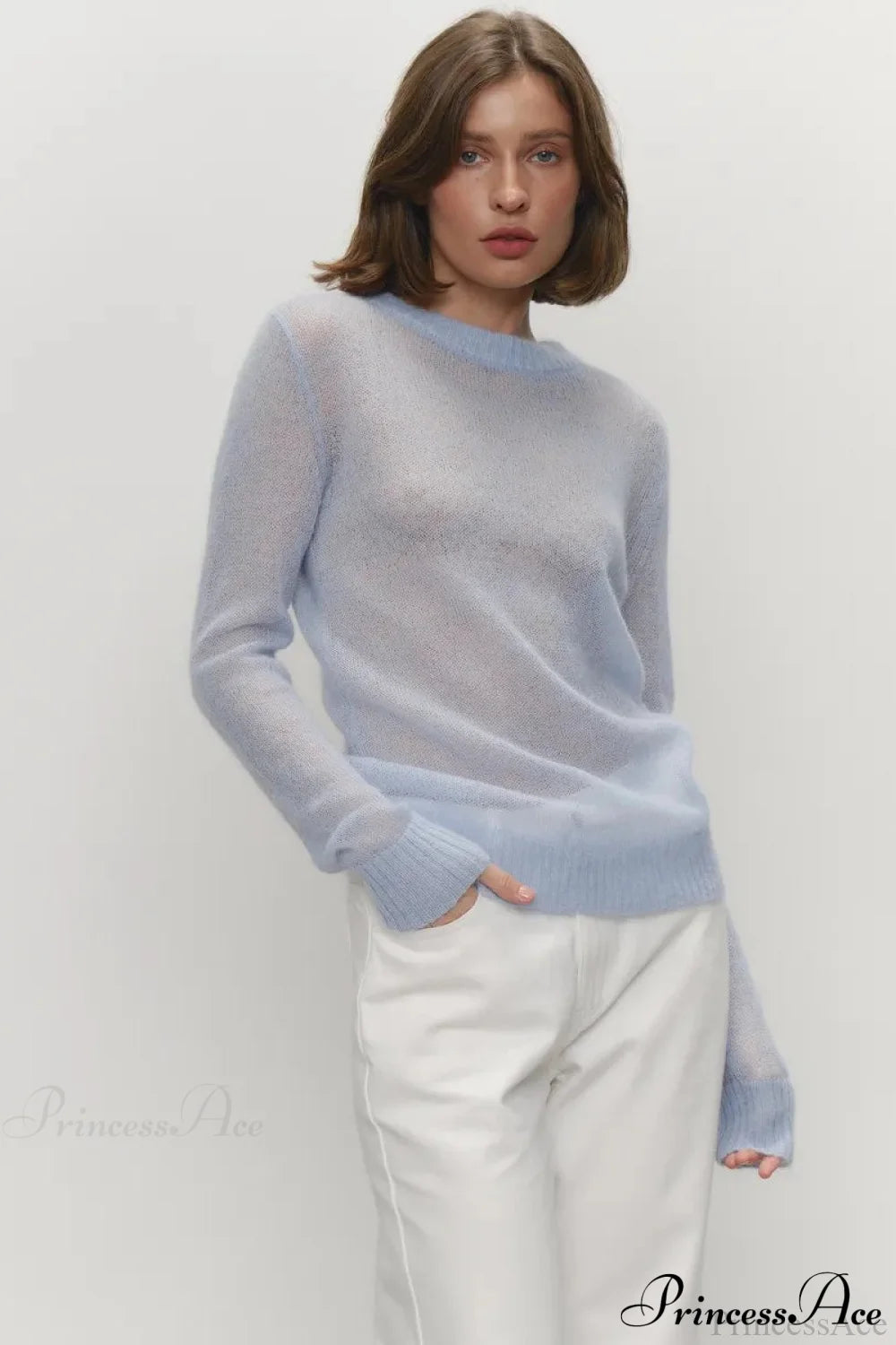 Candy Pastels Sheer Crew Neck Lightweight Knit Top