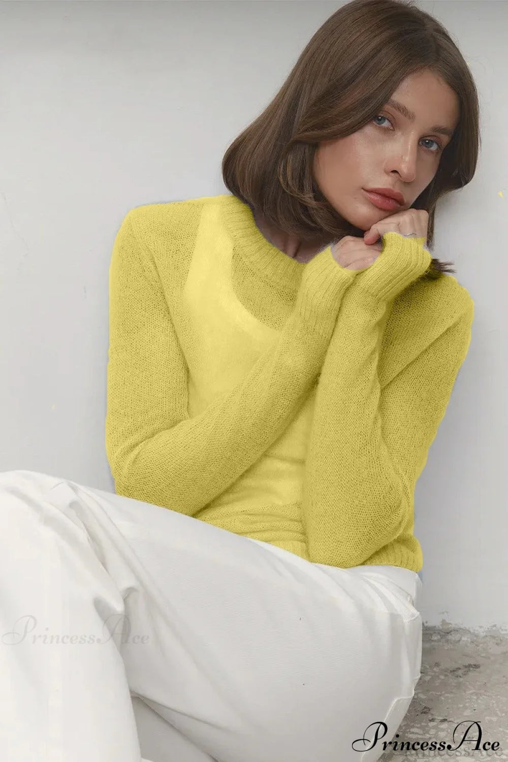 Candy Pastels Sheer Crew Neck Lightweight Knit Top Yellow / S