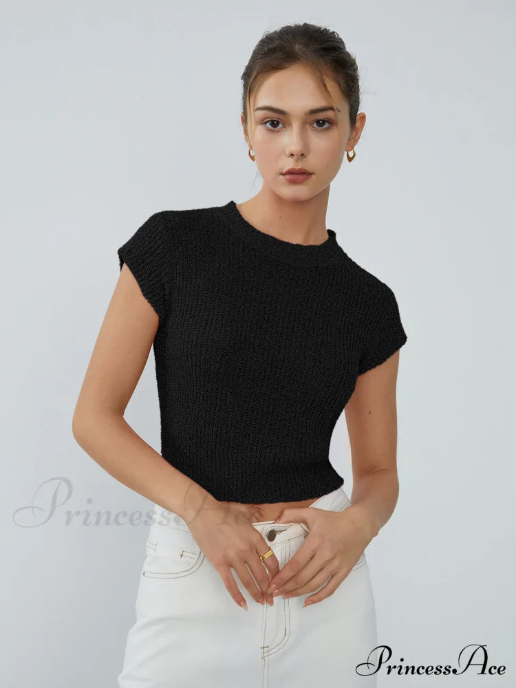 Cap Sleeve Graceful Knit Crop Top Black / Xs Sweaters-L
