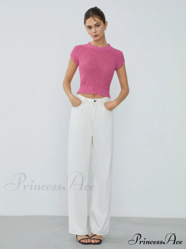 Cap Sleeve Graceful Knit Crop Top Sweaters-L