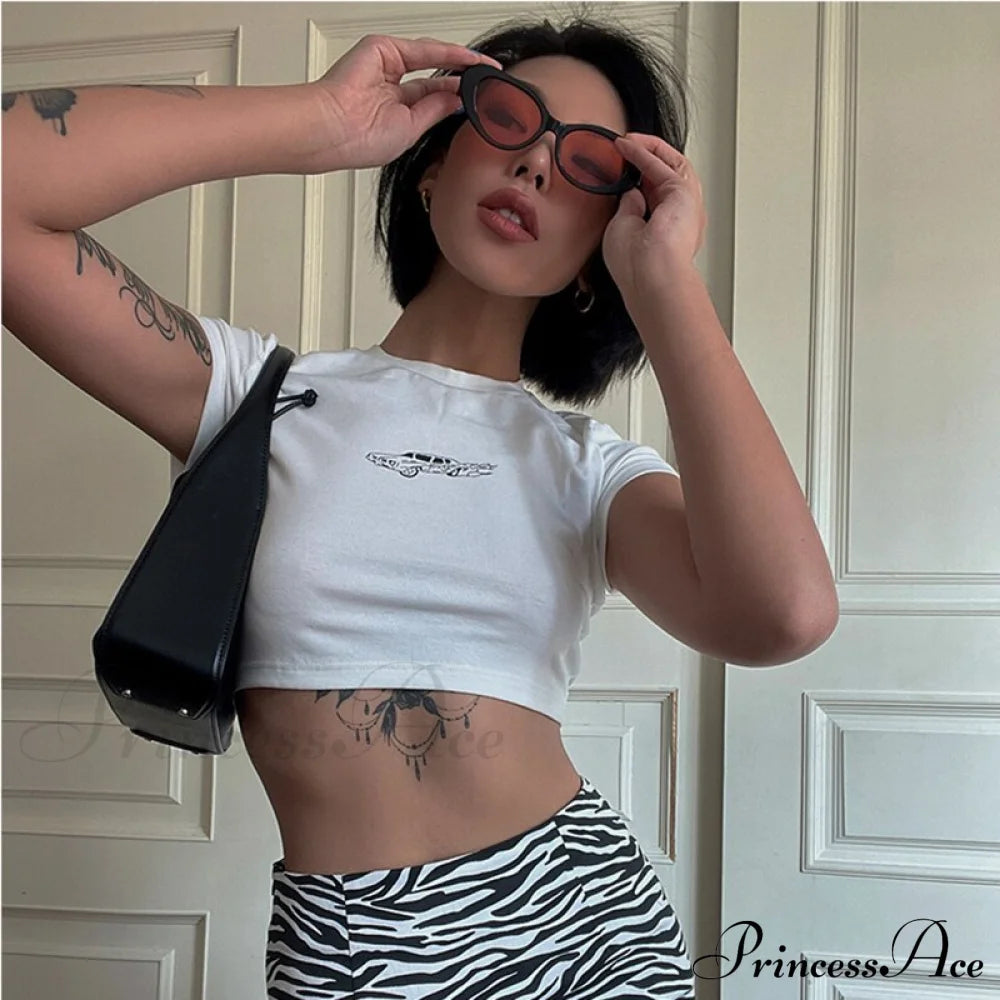 Car Print Stylish White Baby Tee Top