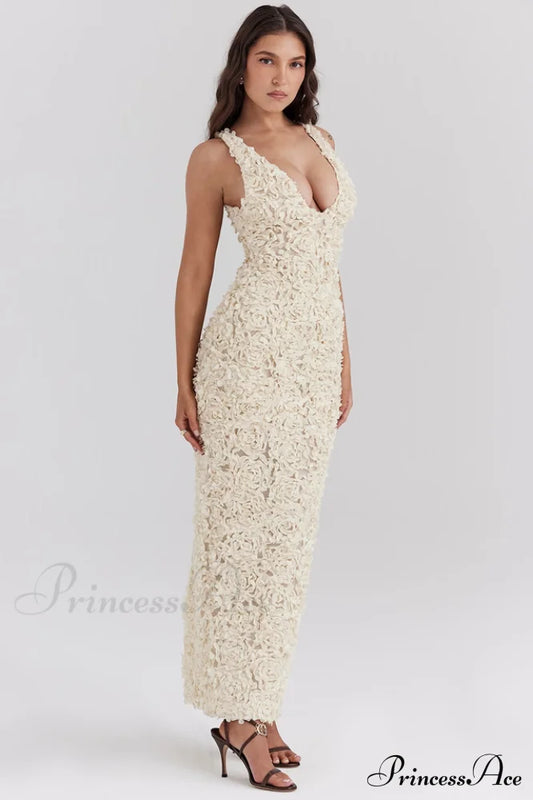 Carena Plunge Floral Charming Applique Maxi Dress