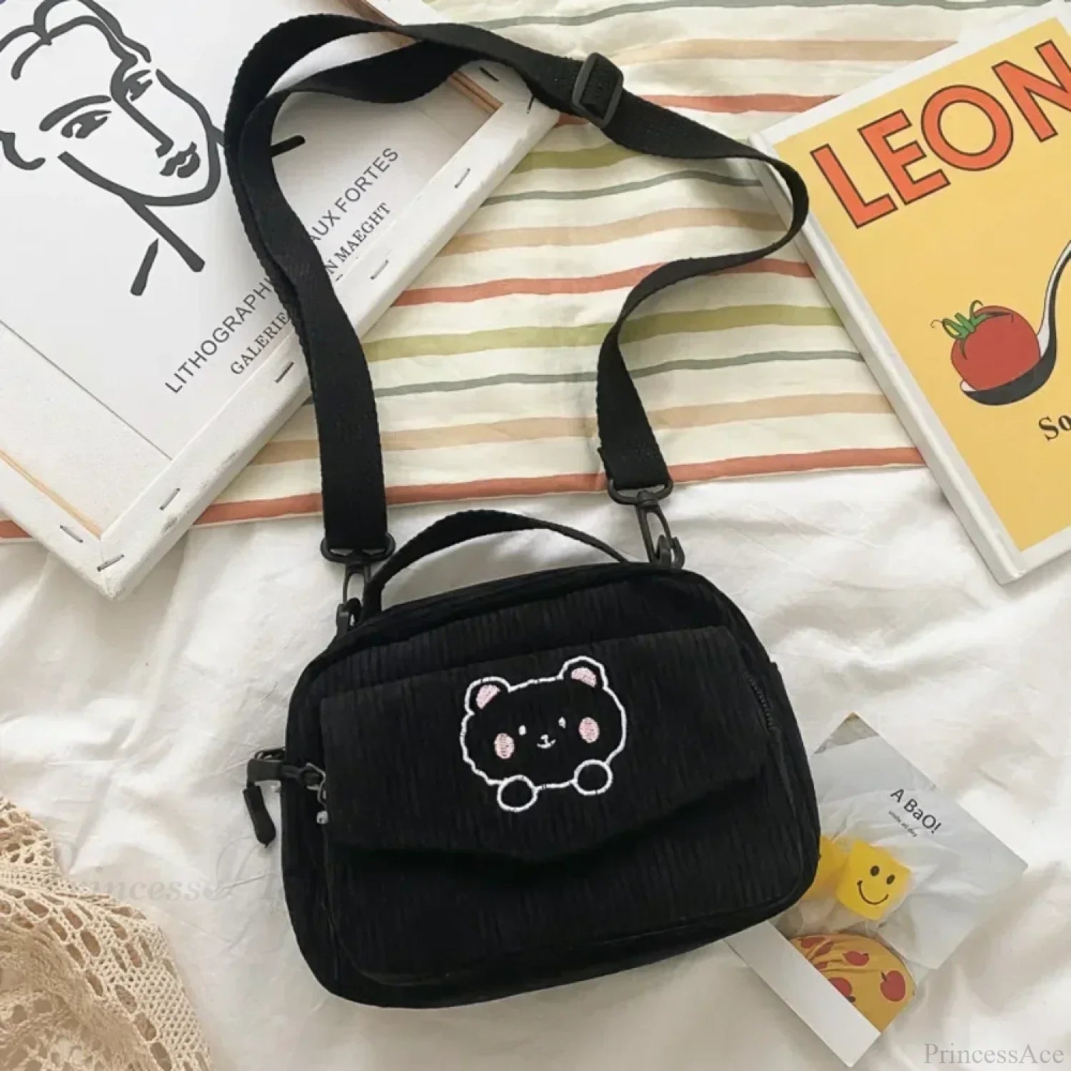 Cartoon Bear Casual Crossbody Shoulder Bag Black crossbody-250126