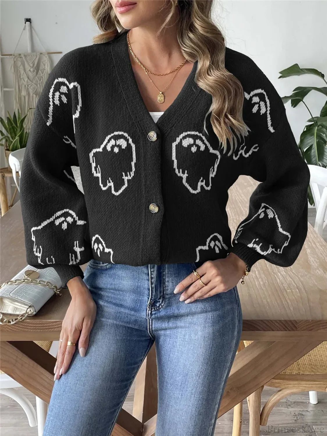 Cartoon Jacquard Halloween Button-up Cardigan Black / S
