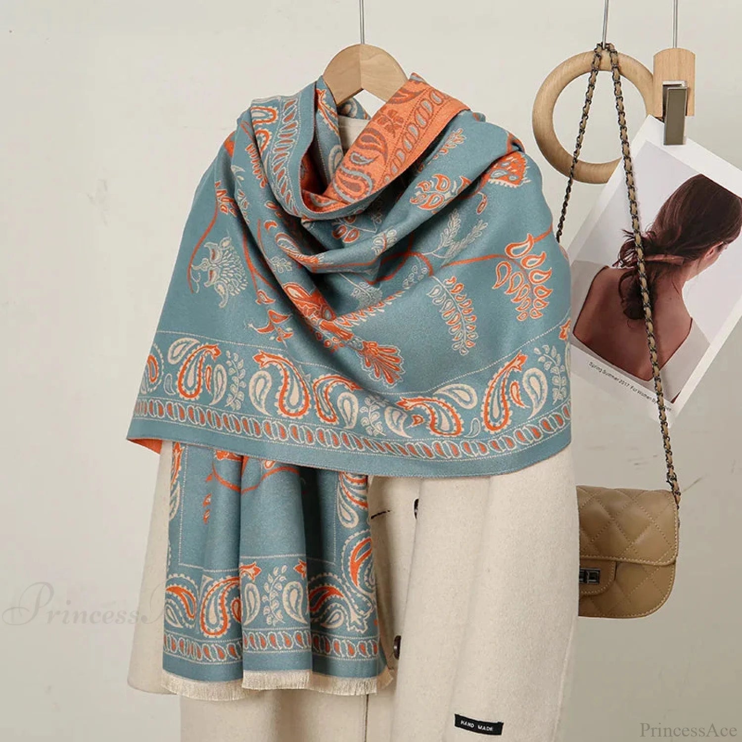 Cashmere Floral Print Winter Blanket Wrap Scarf Grey Blue Scarfs-L