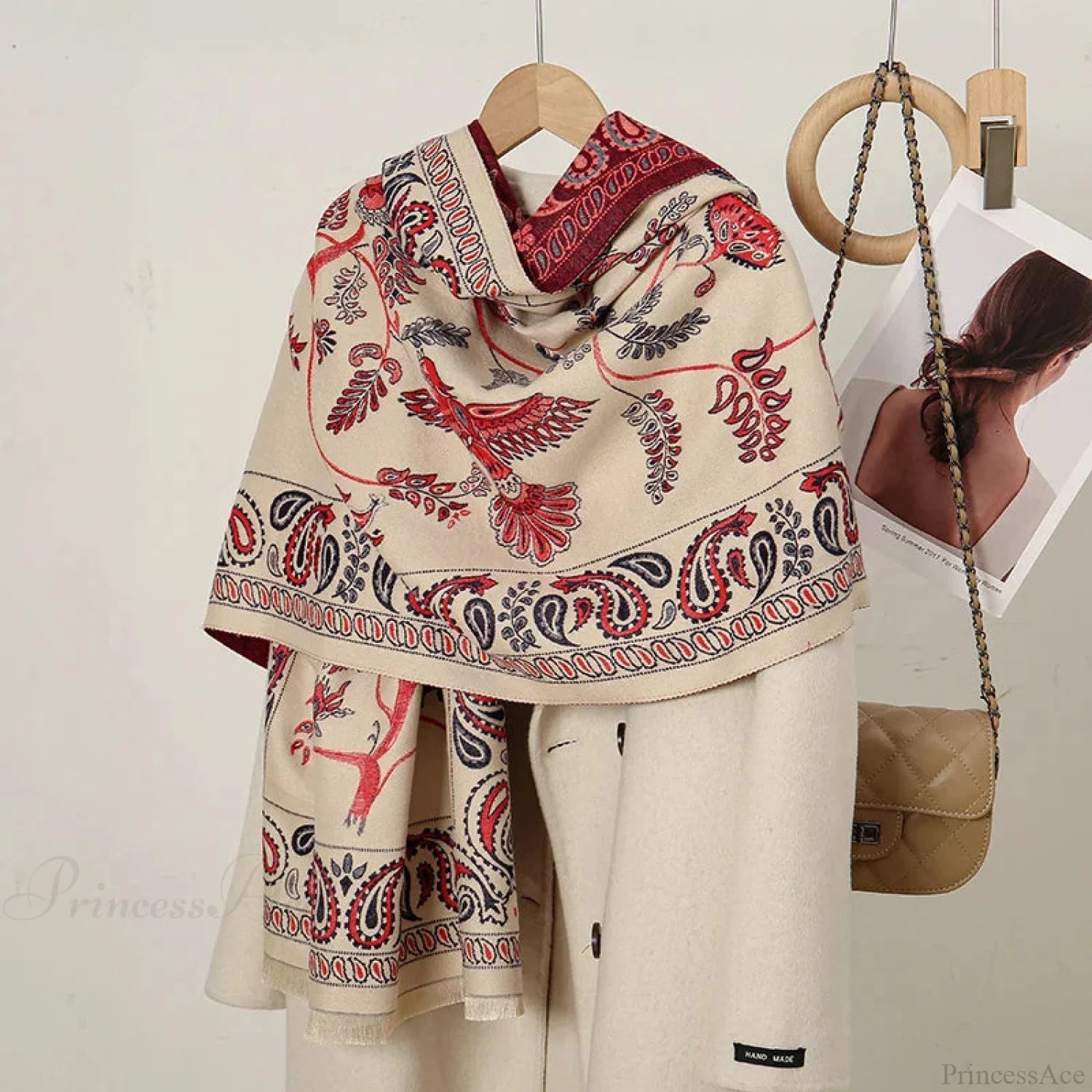 Cashmere Floral Print Winter Blanket Wrap Scarf Khaki 2 Scarfs-L