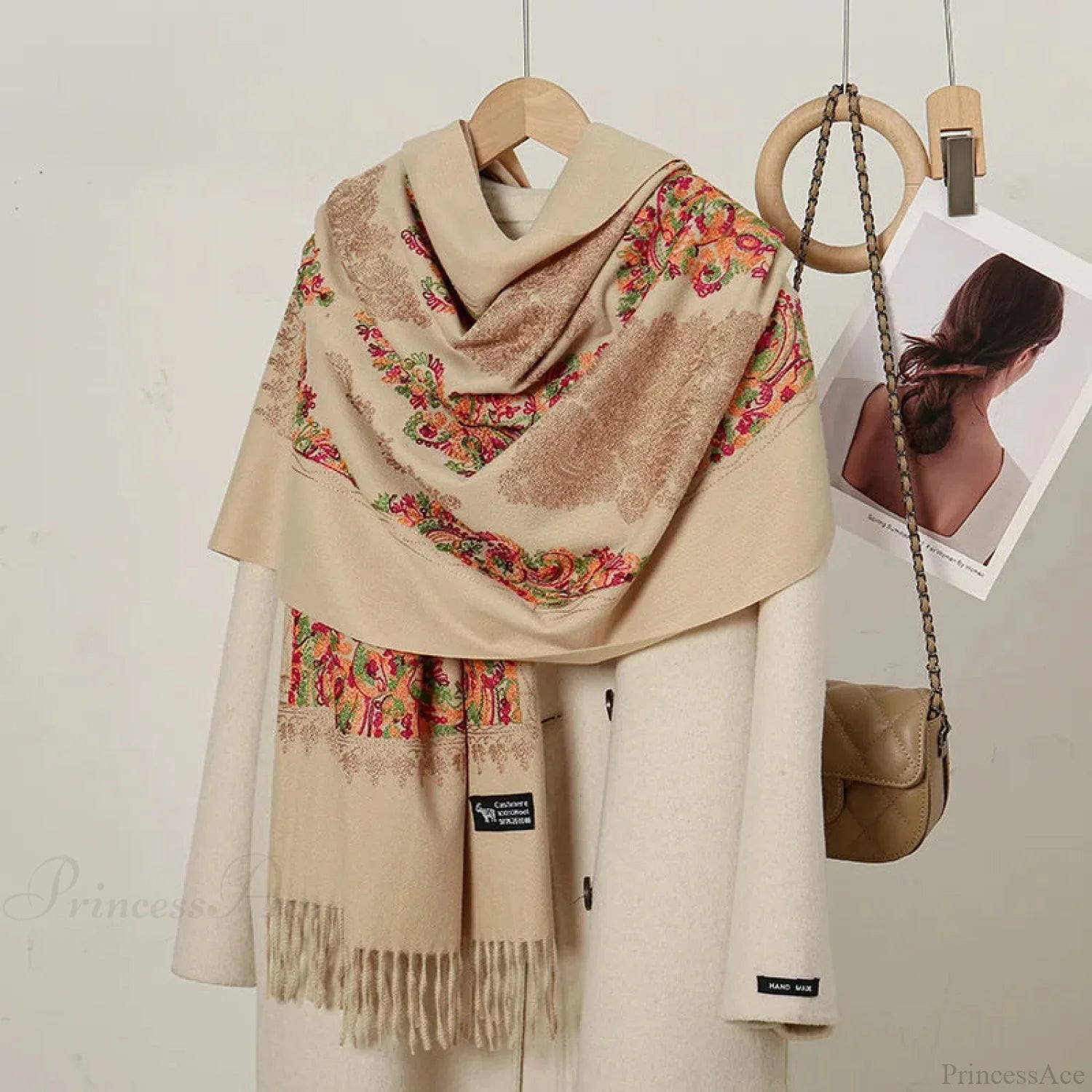 Cashmere Floral Print Winter Blanket Wrap Scarf Khaki Scarfs-L