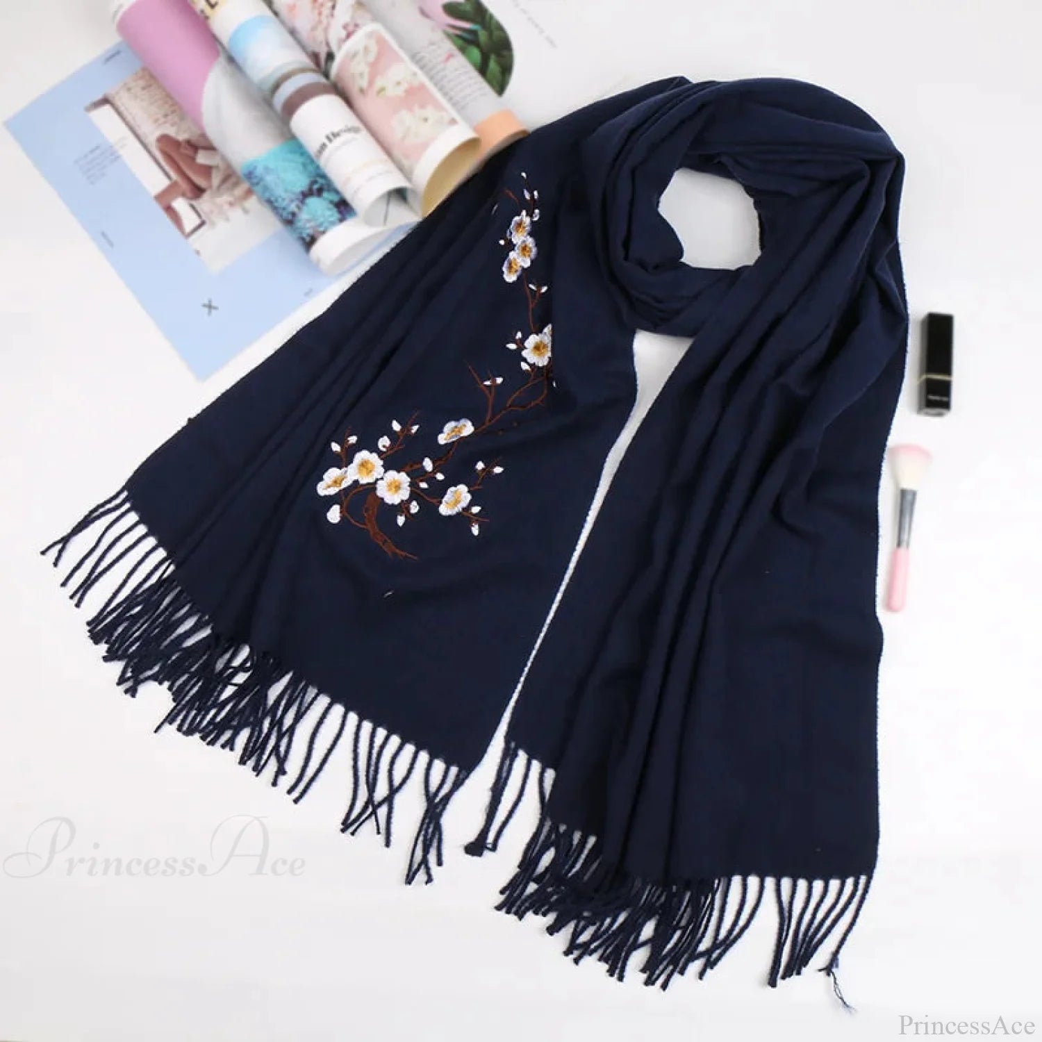 Cashmere Winter Flower Pashmina Shawl With Tassels Black Scarfs-L