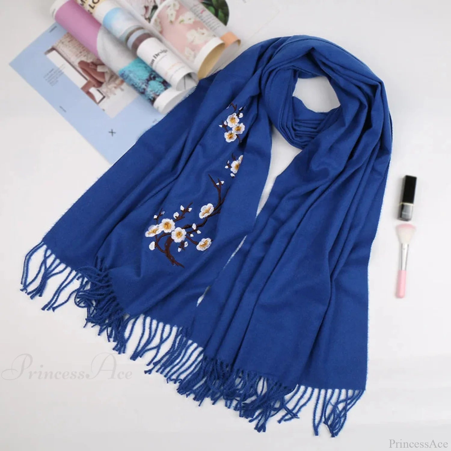Cashmere Winter Flower Pashmina Shawl With Tassels Blue Scarfs-L