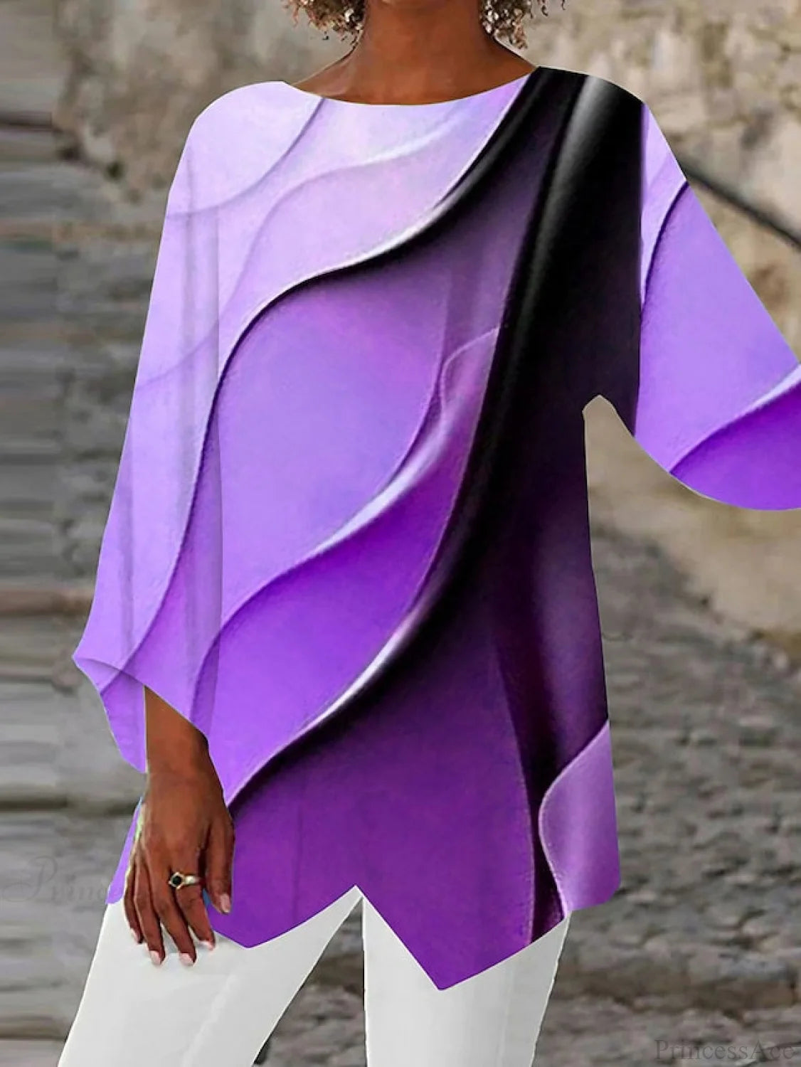 Casual Round Design Women’s Blouse Abstract Asymmetric Graphic Yellow Long Neck - Arm Basic Pink