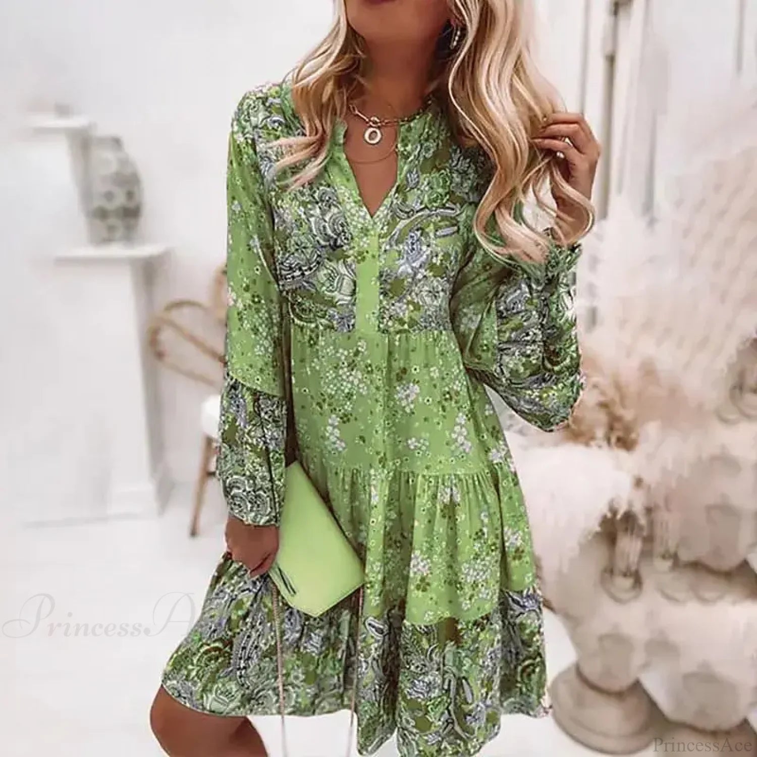 Casual Boho Floral V-neck Ruffled A-line Beach Party Floral Dress Green / S oldfloraldress-250126