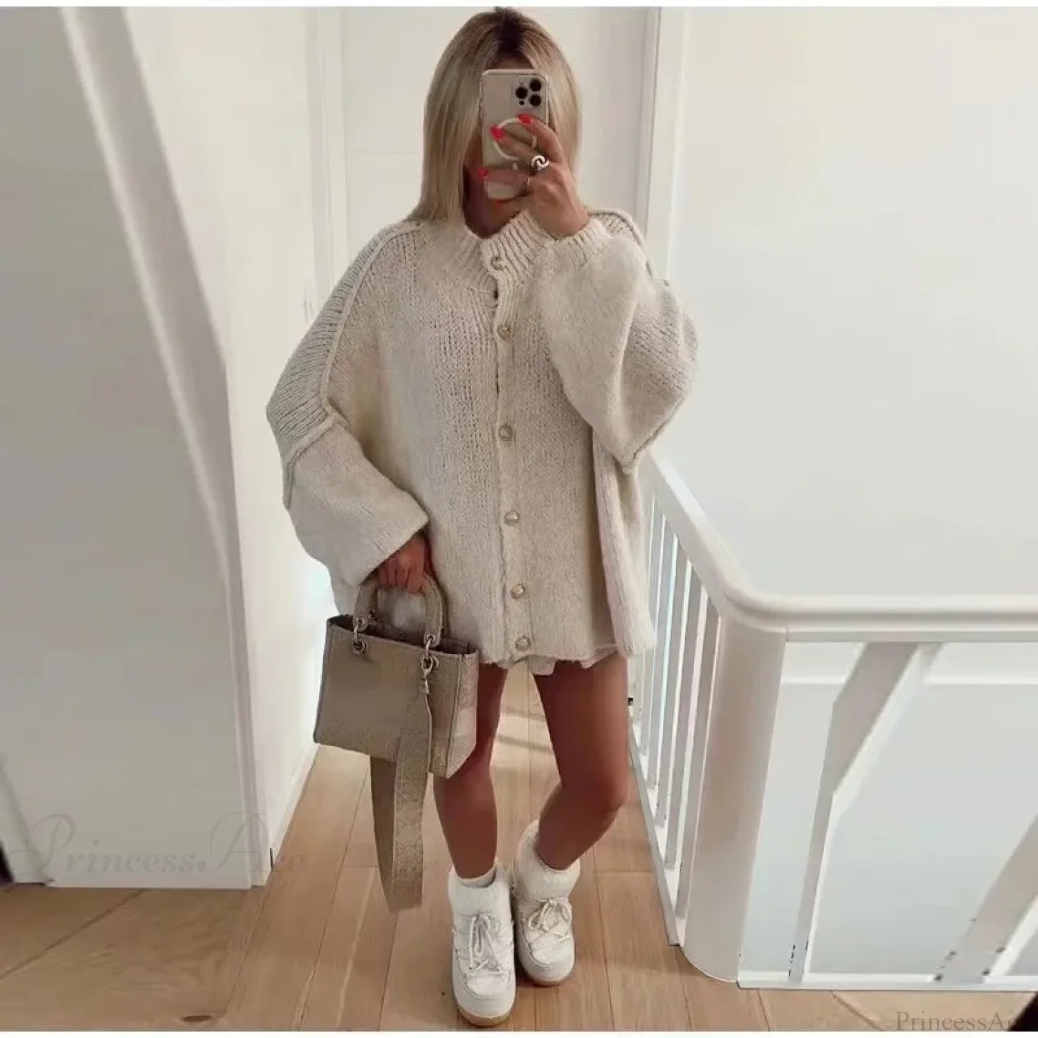 Casual Cozy Loose O-Neck Elegant Solid Comfortable Lantern Sleeve Stylish Sweater Sweaters-L