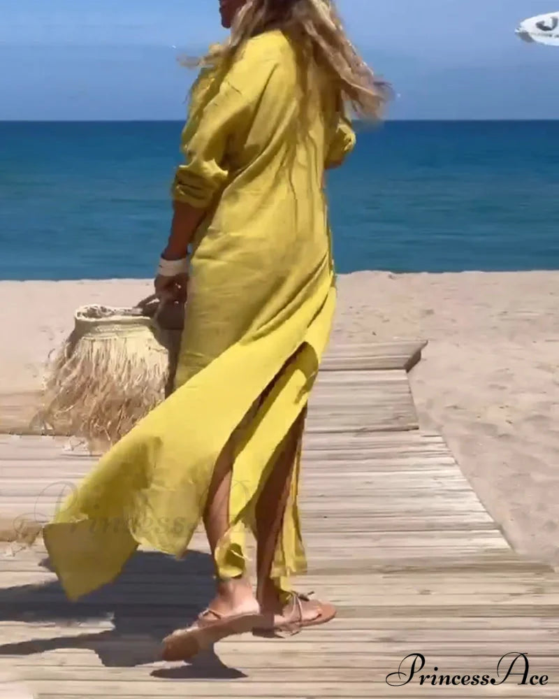 Casual Dress With Slit - Solid Color Dresses