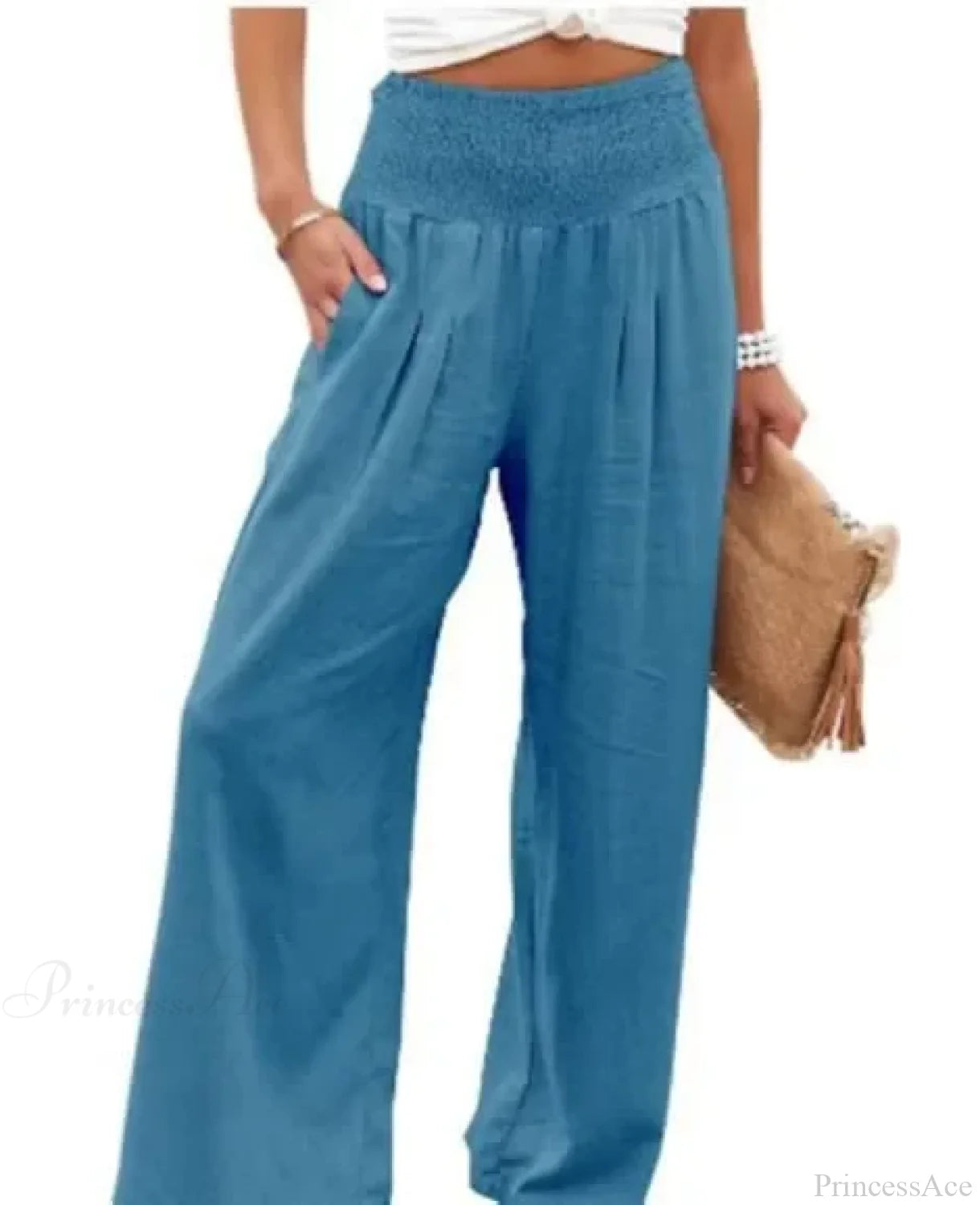 Casual Elastic Waist Linen Wide Pants Blue / S