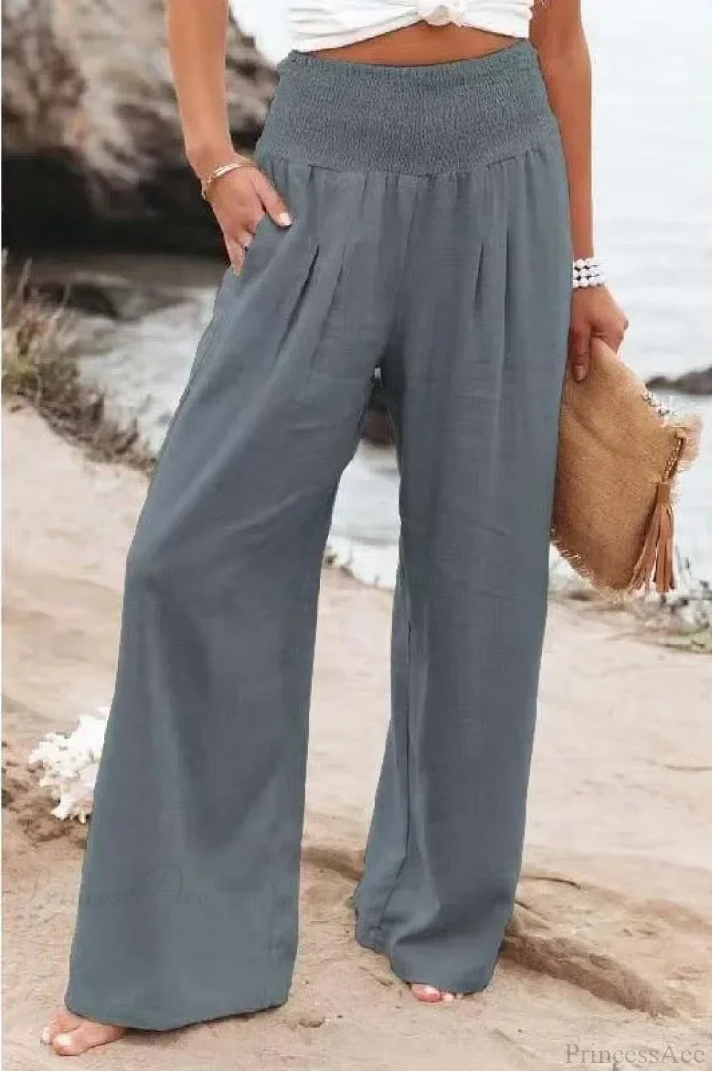 Casual Elastic Waist Linen Wide Pants GRAY / S