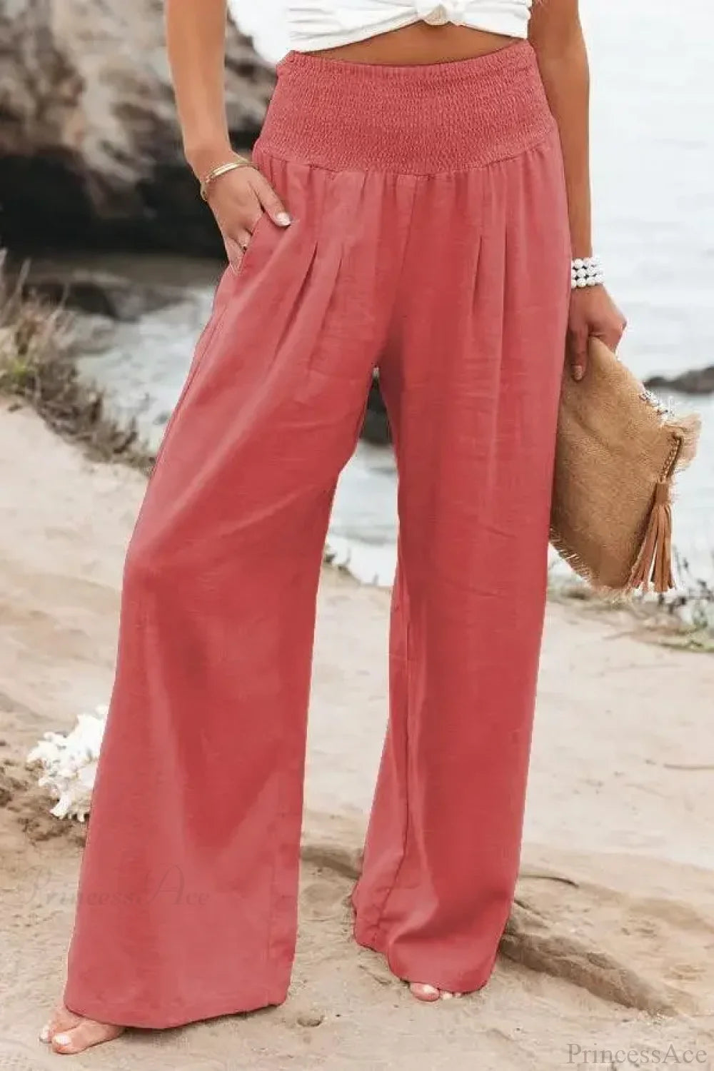 Casual Elastic Waist Linen Wide Pants Orange / S
