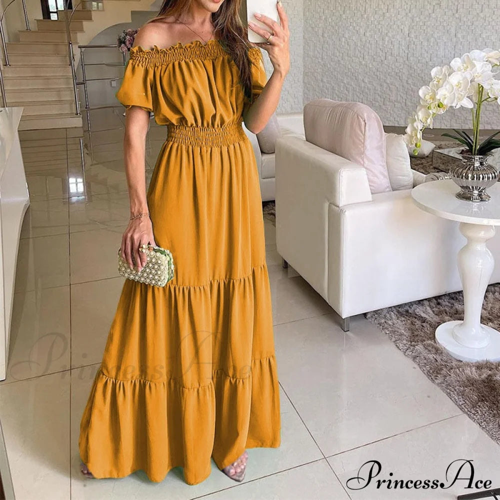 Casual Elegant Ruffle Halter Sleeveless Classic Female Party Outfits Beach Maxi Dress Yellow-02 / S
