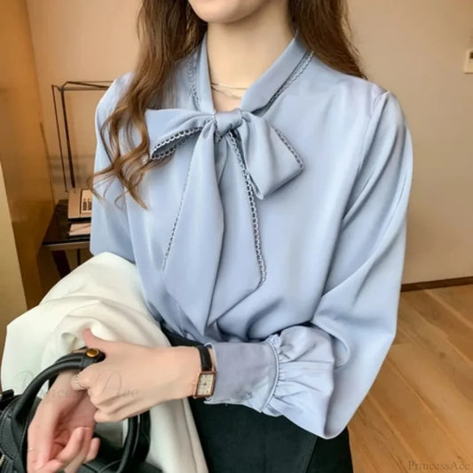 Casual Elegant Satin Chiffon Blue Blouse Blue / S blouse-250126