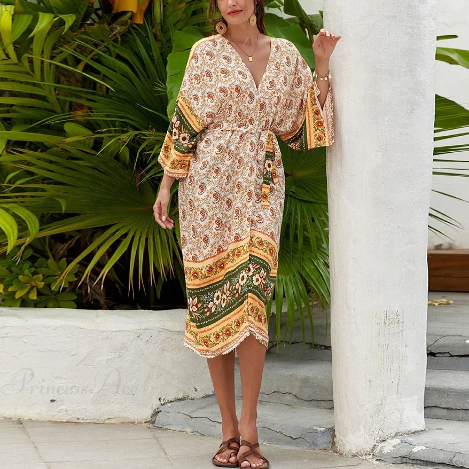 Casual Ethnic Floral Print Loose Cover-Up Dress Yellow / One Size bohodress-250126