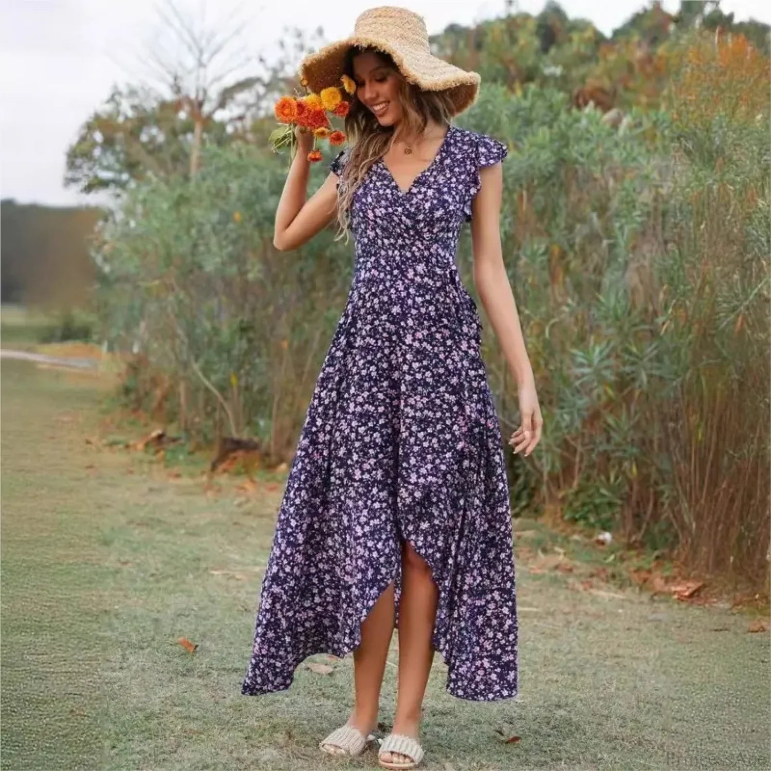 Casual Fitted Floral Print Dress oldfloraldress-250126