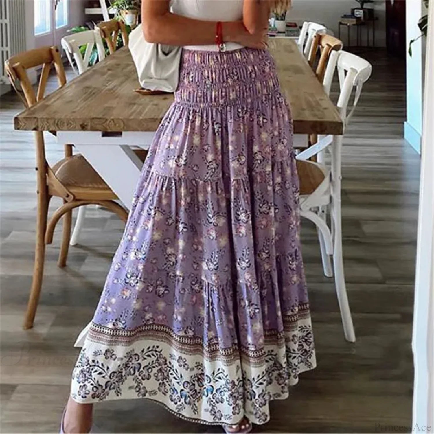 Casual Floral Elastic Waist Boho Style Skirt PURPLE / S skirt-250126