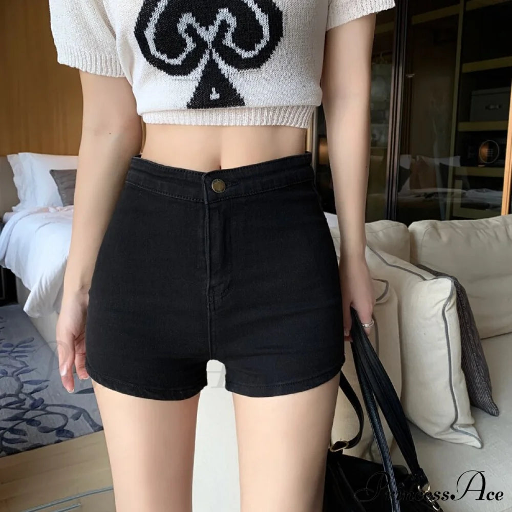 Casual High Skinny Women’s Waisted Black Fashion Jeans Korean Shorts 2024 Straight / S